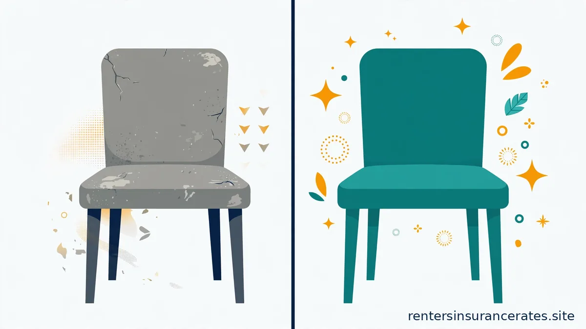Side-by-side comparison split by a vertical line: a worn cracked gray chair on the left and a bright new teal chair with amber sparkles on the right
