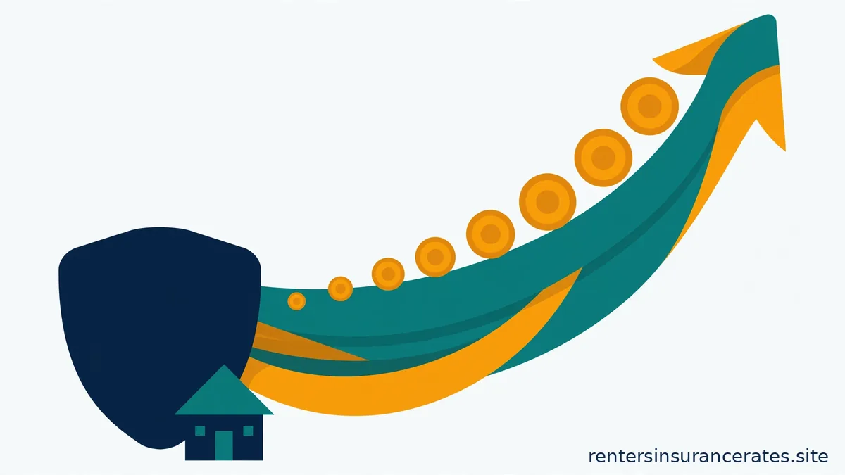 Flat vector illustration of a broad teal-and-amber arrow sweeping upward, lined with growing amber coin shapes, with a navy shield and a small house at its base; no numbers or axes.