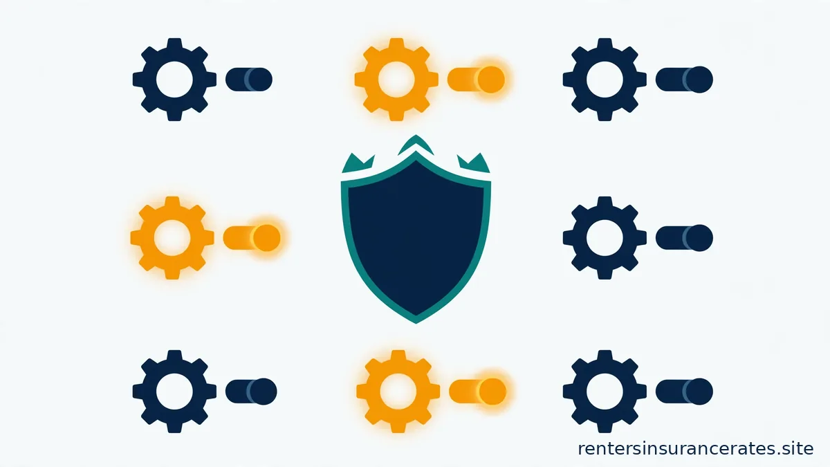 A 3x3 grid of gear-and-toggle icons around a central navy shield; some gears glow amber and some are solid navy