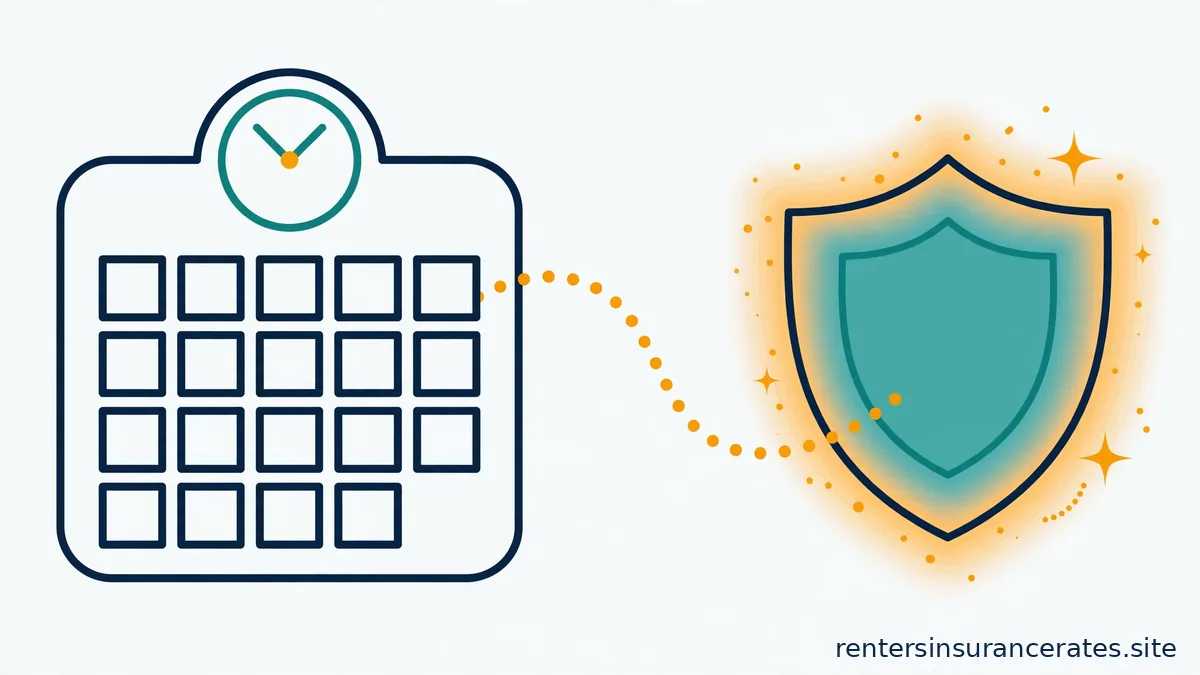 A calendar with a clock and a dotted path leading to a glowing shield