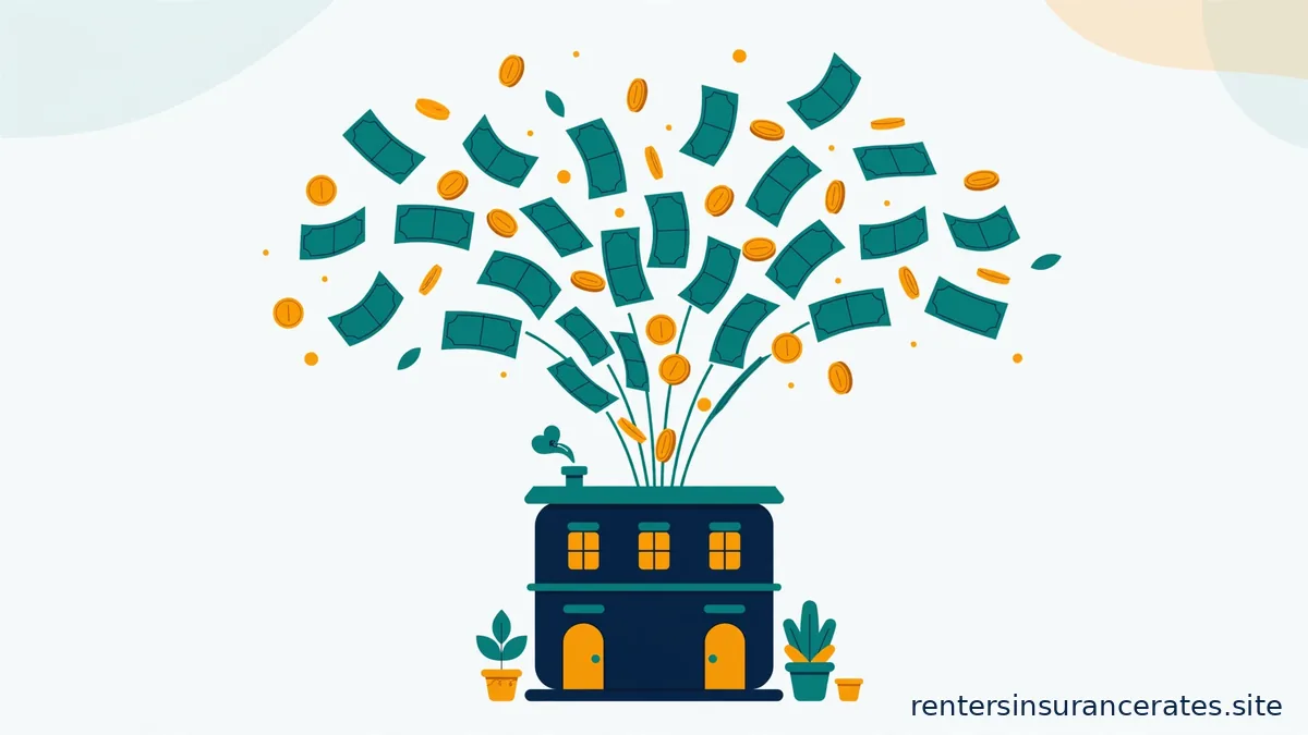 Flat vector illustration of a small navy apartment building with teal paper bills and amber coins fanning upward like a fountain