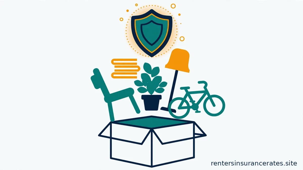An open navy-outlined moving box with flat furniture and household item shapes rising out — a chair, books, plant, lamp and bicycle — with a glowing shield hovering above
