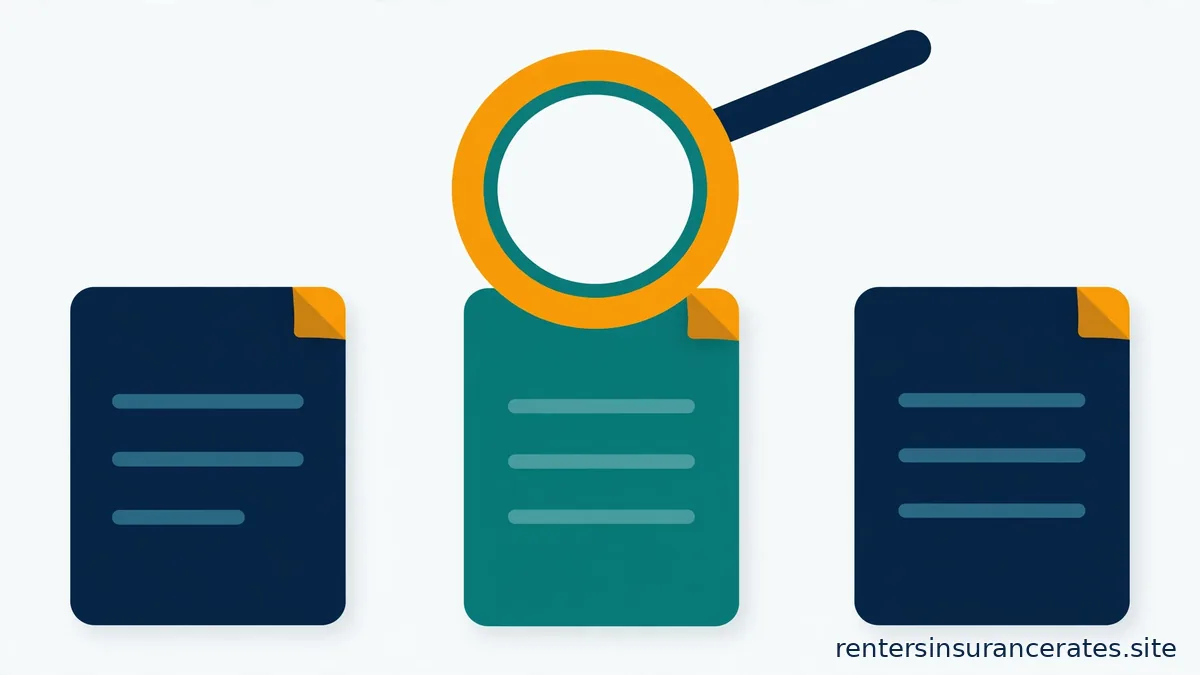 Three document pages with a large magnifying glass comparing them, flat vector illustration in navy, teal and amber