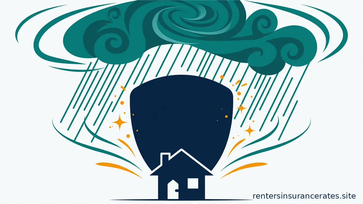Flat vector illustration of a small house sheltered beneath a large navy shield while swirling teal storm clouds with rain and wind streaks gather above, deflected by the shield.