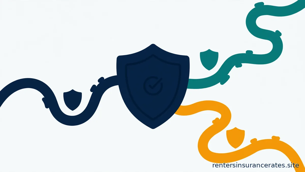 Flat vector illustration of three winding paths in navy, teal and amber converging toward one large navy shield at the center, each path carrying a small shield icon; no company names shown.