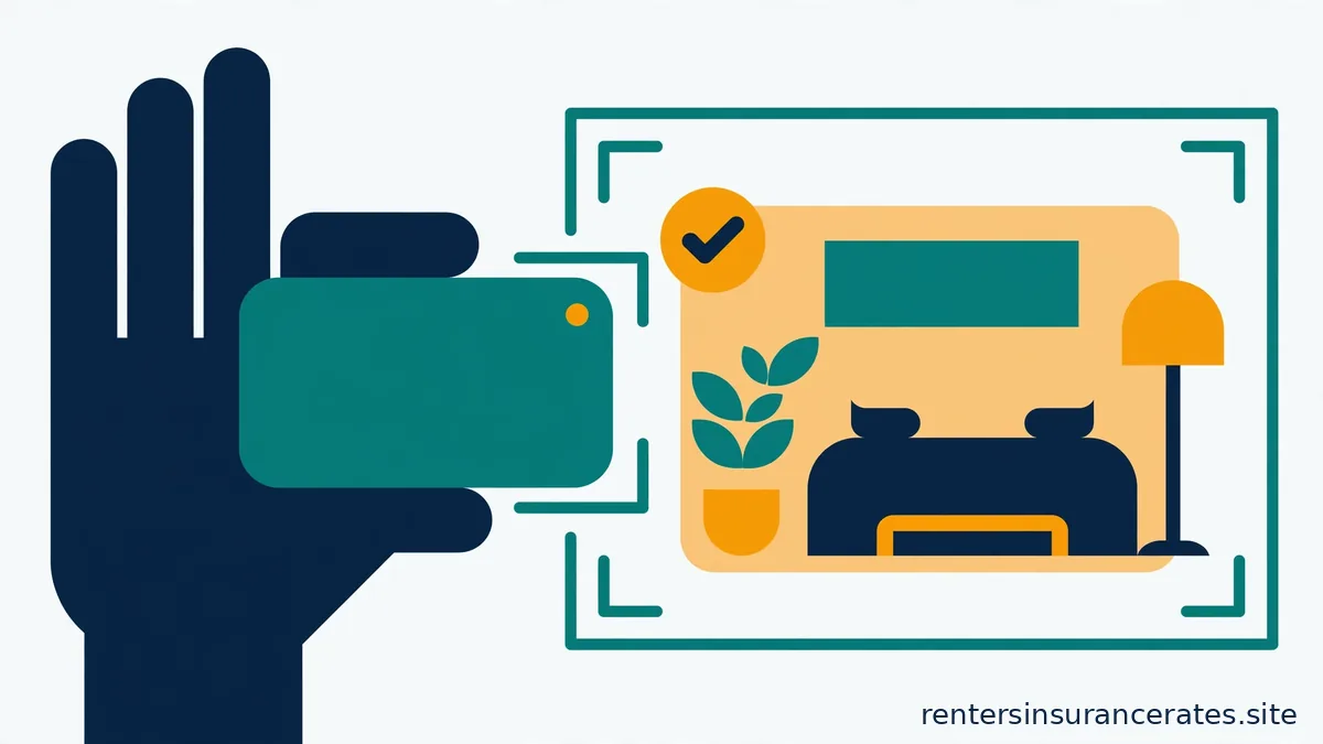 A hand holding a smartphone with a camera viewfinder framing a living room