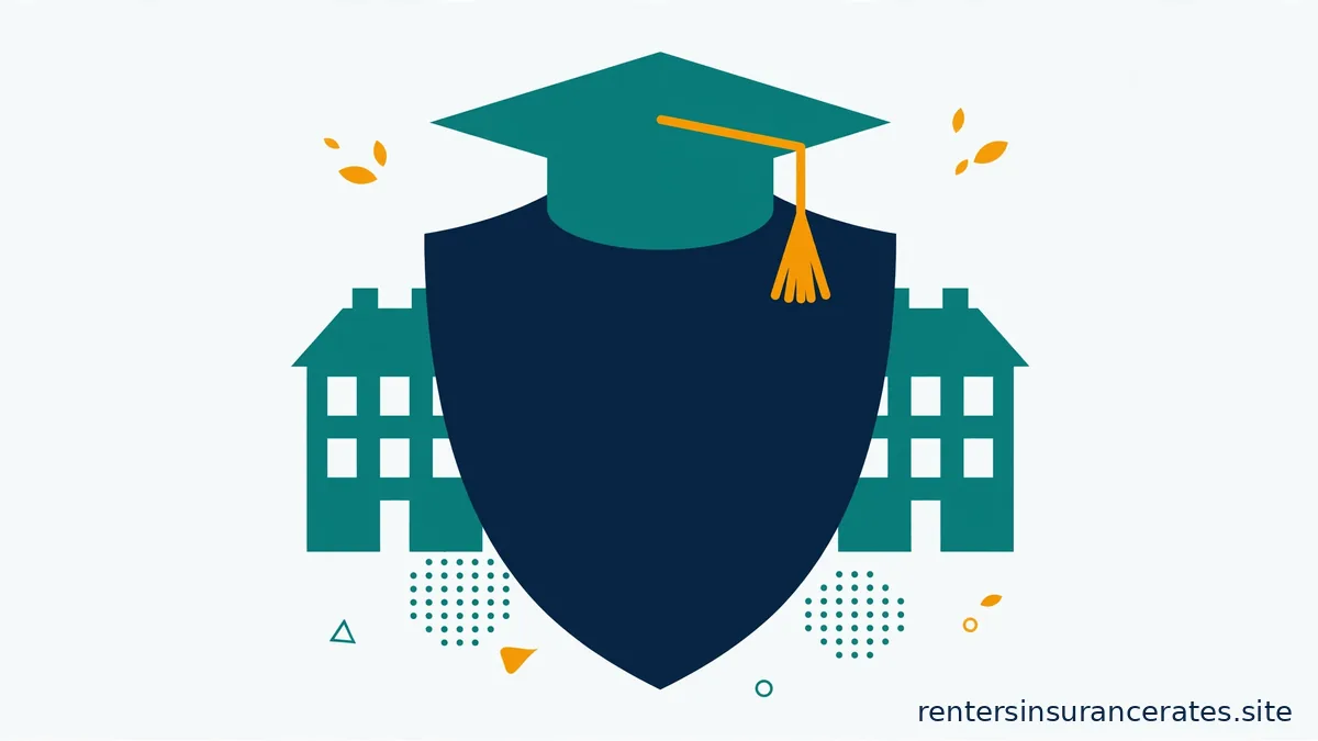 Flat vector illustration of a teal graduation cap with an amber tassel resting on a large navy shield, with two small teal dormitory building silhouettes behind.