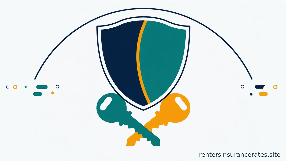 Flat vector illustration of two crossed door keys beneath a large navy-and-teal shield split down the middle, suggesting a shared-or-separate coverage choice for roommates.