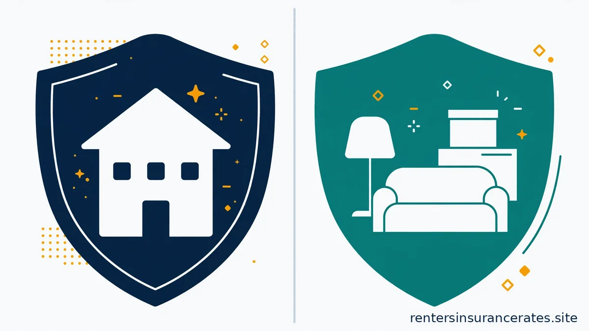 Flat vector illustration of two large shields side by side: a navy shield protecting a white house silhouette and a teal shield protecting white furniture and box shapes.