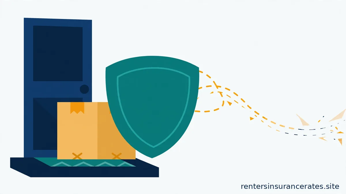 Flat vector illustration of a cardboard package on a navy doorstep guarded by a large teal shield, with fading amber dashed trails leading away to suggest theft, with no person shown.