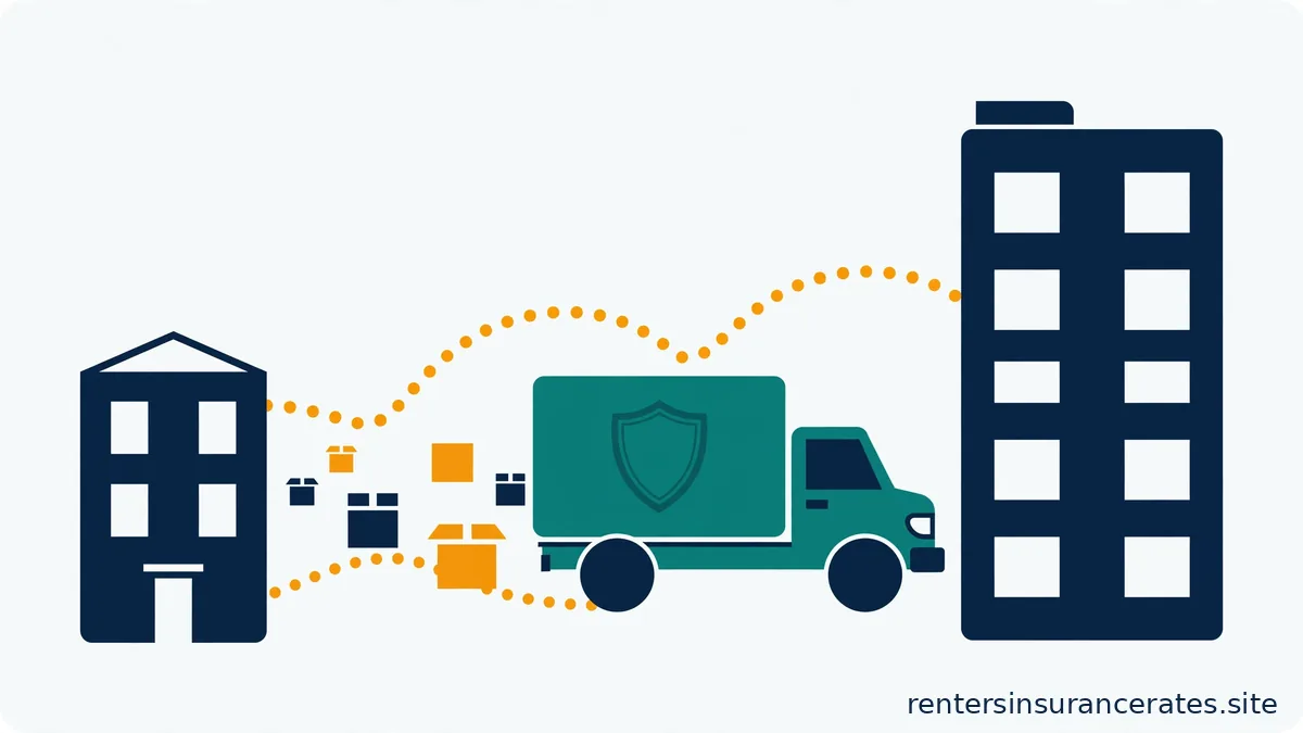 Flat vector illustration of a teal moving truck with a shield emblem driving along a dotted amber path from a small apartment building to a taller new one, with small boxes trailing behind.