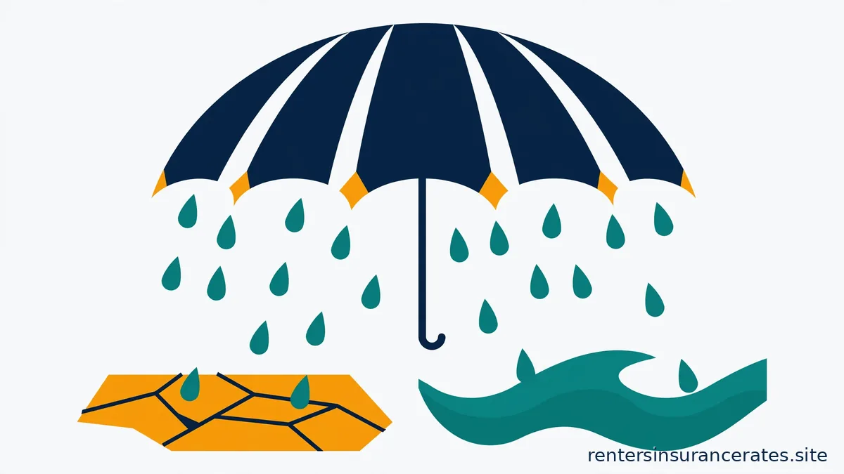 A navy umbrella with gaps between its panels letting teal raindrops fall through onto a cracked amber ground and a teal wave below